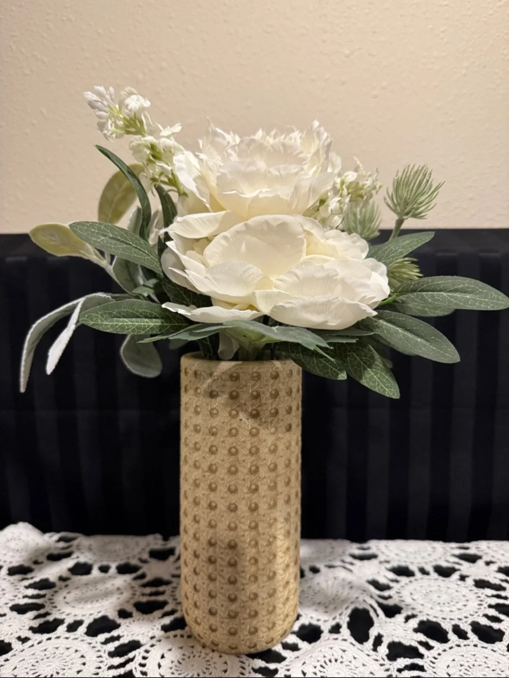 White Faux Peony Arrangement with greenery in a Textured Tan Vase